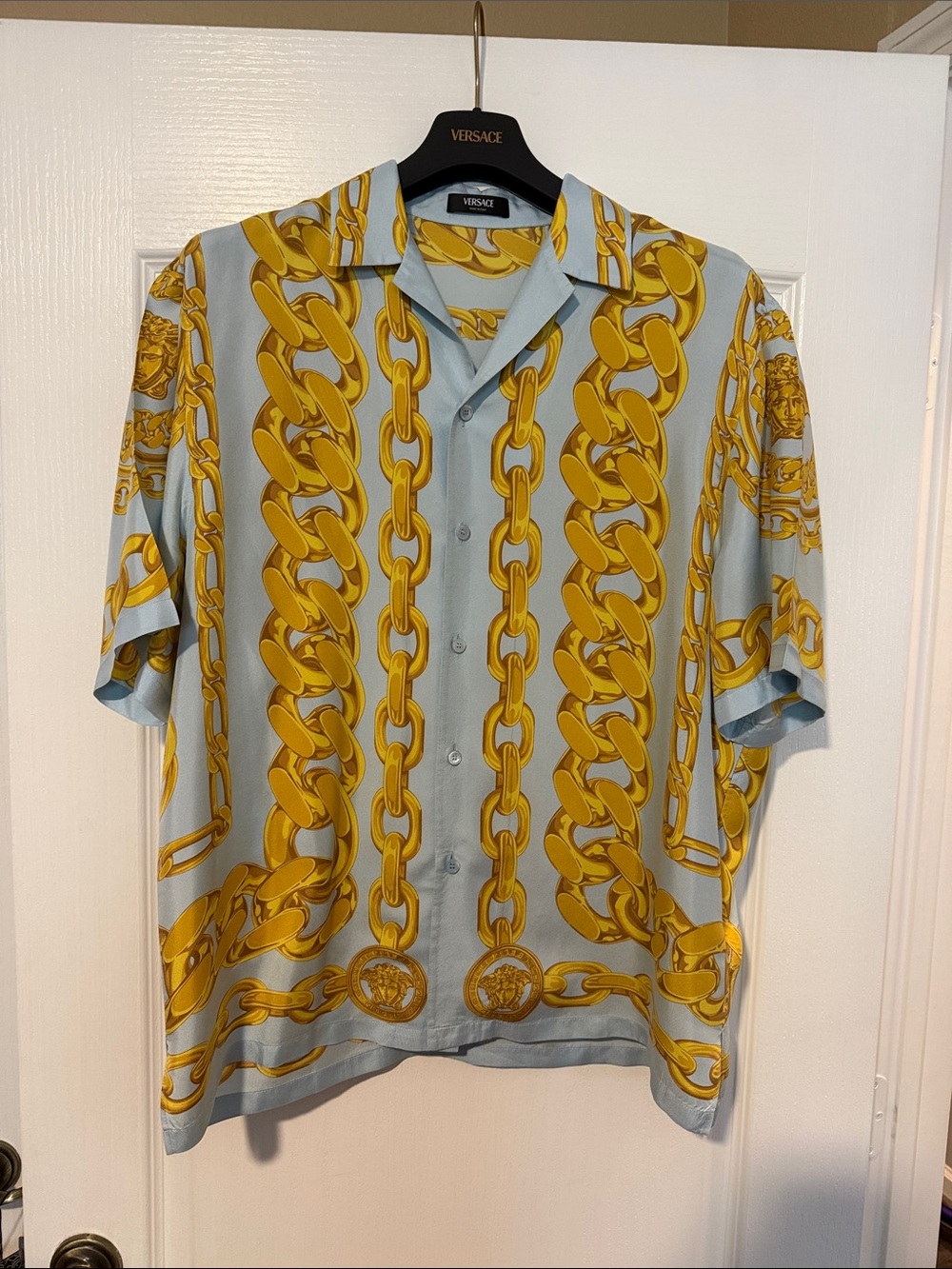 Versace Light Blue Short-Sleeve Silk Shirt with Gold Chain Motif